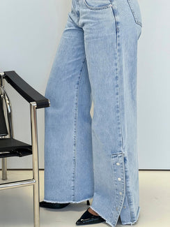 Dakoba Button Detail Mid Rise Straight Leg Jean Light Blue Wash