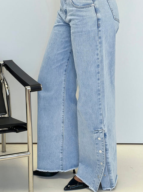 Dakoba Button Detail Mid Rise Straight Leg Jean Light Blue Wash