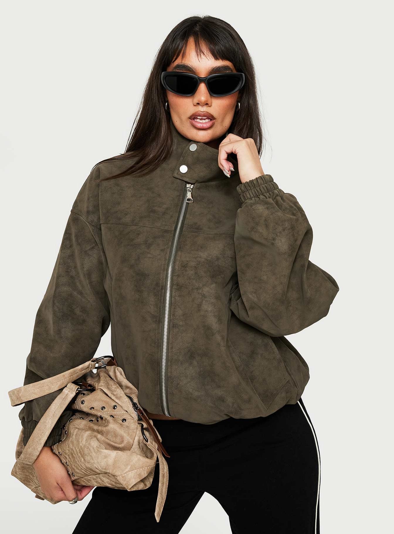 Ellissa Faux Suede Bomber Jacket Khaki