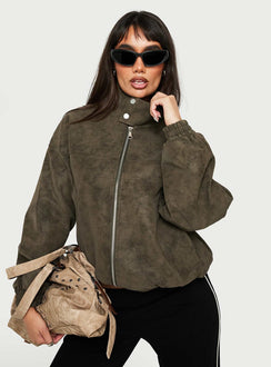Ellissa Faux Suede Bomber Jacket Khaki