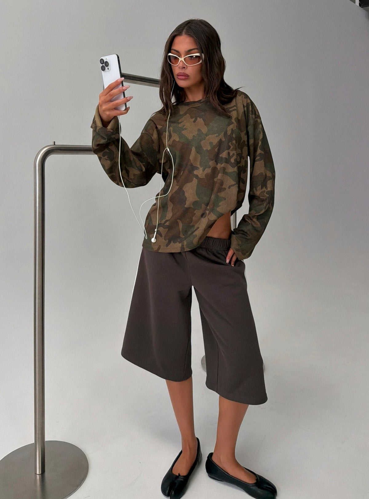 Arlla Waffle Jersey Long Sleeve Top Camo