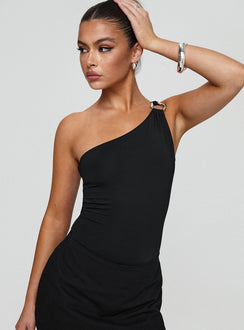 front view of model wearing Princess Polly Talija One Shoulder Bodysuit Black Sleeveless 