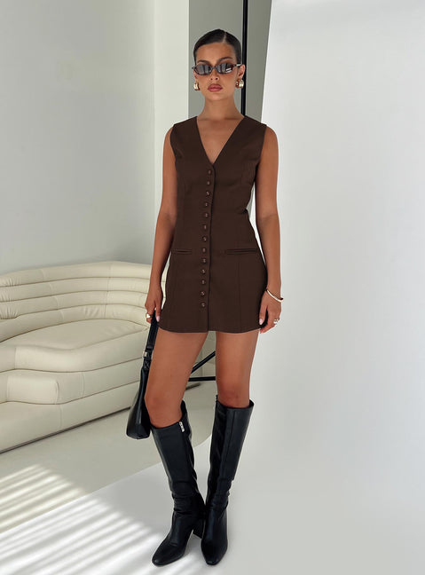 side view of model wearing Princess Polly Laire Mini Dress Chocolate V-Neck 