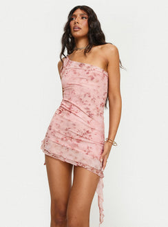 side view of model wearing Princess Polly Bramwell One Shoulder Mini Dress Pink Asymmetric Neckline 