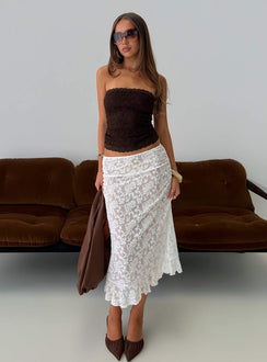   front view of model wearing Princess Polly Toscani Lace Frill Midi Skirt White Midi Skirts Skirts 