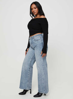 Wide leg jeans mid-wash denim Belt looped waist five pocket design zip and button fastening