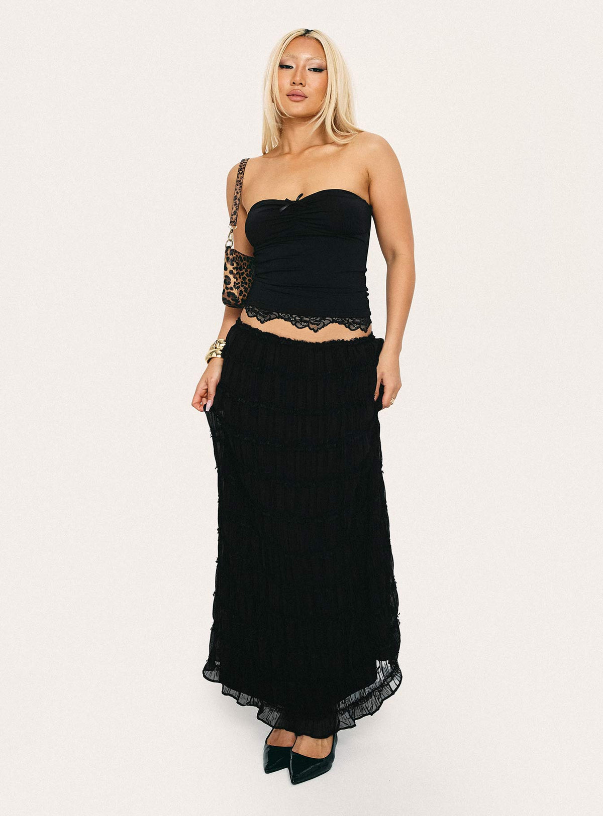   front view of model wearing Princess Polly Estefania Maxi Skirt Black Maxi Skirts Skirts 