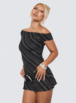 side view of model wearing Princess Polly Hari Mini Dress Stripe Asymmetric Neckline 