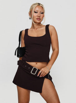   side view of model wearing Princess Polly Genessa Belted Micro Mini Skirt Wine Mini Skirts 