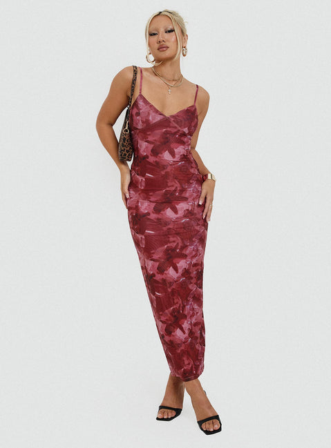 front view of model wearing Princess Polly Hathaway Maxi Dress Burgundy Floral V-Neck 