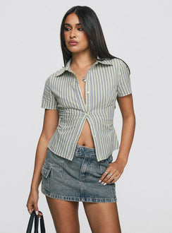 front view of model wearing Princess Polly Peppy Shirt Stripe Short Sleeves V-Neck 