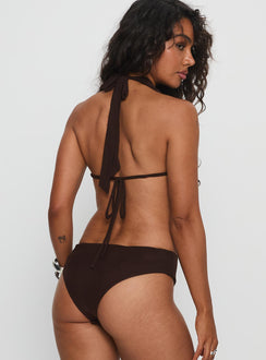 back view of model wearing Princess Polly Quinna Plunge Neck Backless Bodysuit Chocolate Sleeveless 