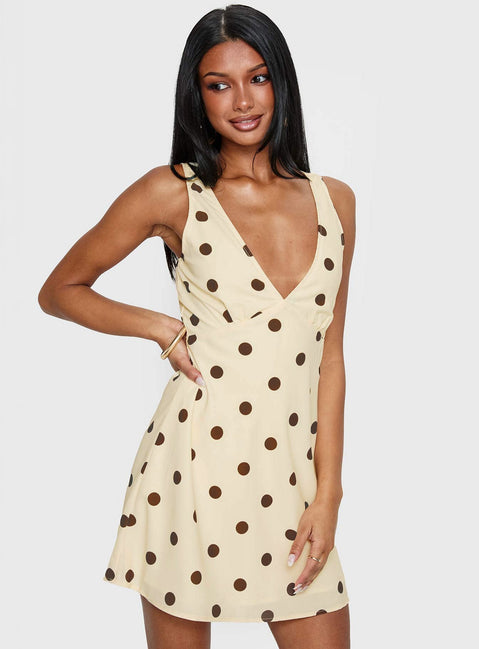 Nellie Mini Dress Lemon / Brown Polka Dot