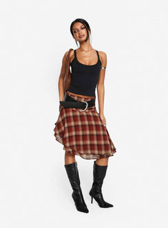 Evanescence Asymmetrical Midi Skirt Brown Check