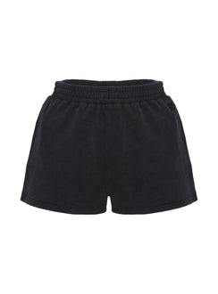 side view of model wearing Princess Polly All Day Short Washed Black High Waisted Shorts 