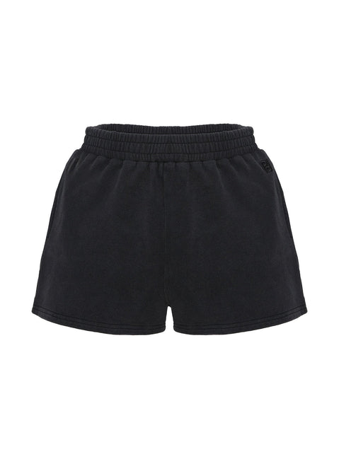 side view of model wearing Princess Polly All Day Short Washed Black High Waisted Shorts 