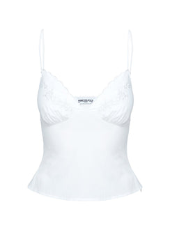 side view of model wearing Princess Polly Aruba Embroidered Cami White Sleeveless Plunger 