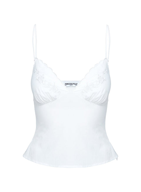 side view of model wearing Princess Polly Aruba Embroidered Cami White Sleeveless Plunger 