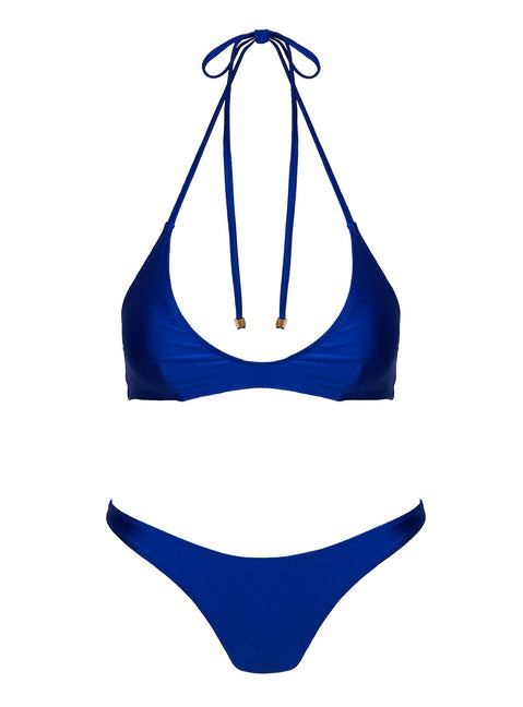Bikini top Halter style, shine material, tie fastening, gold-toned hardware, clasp fastening