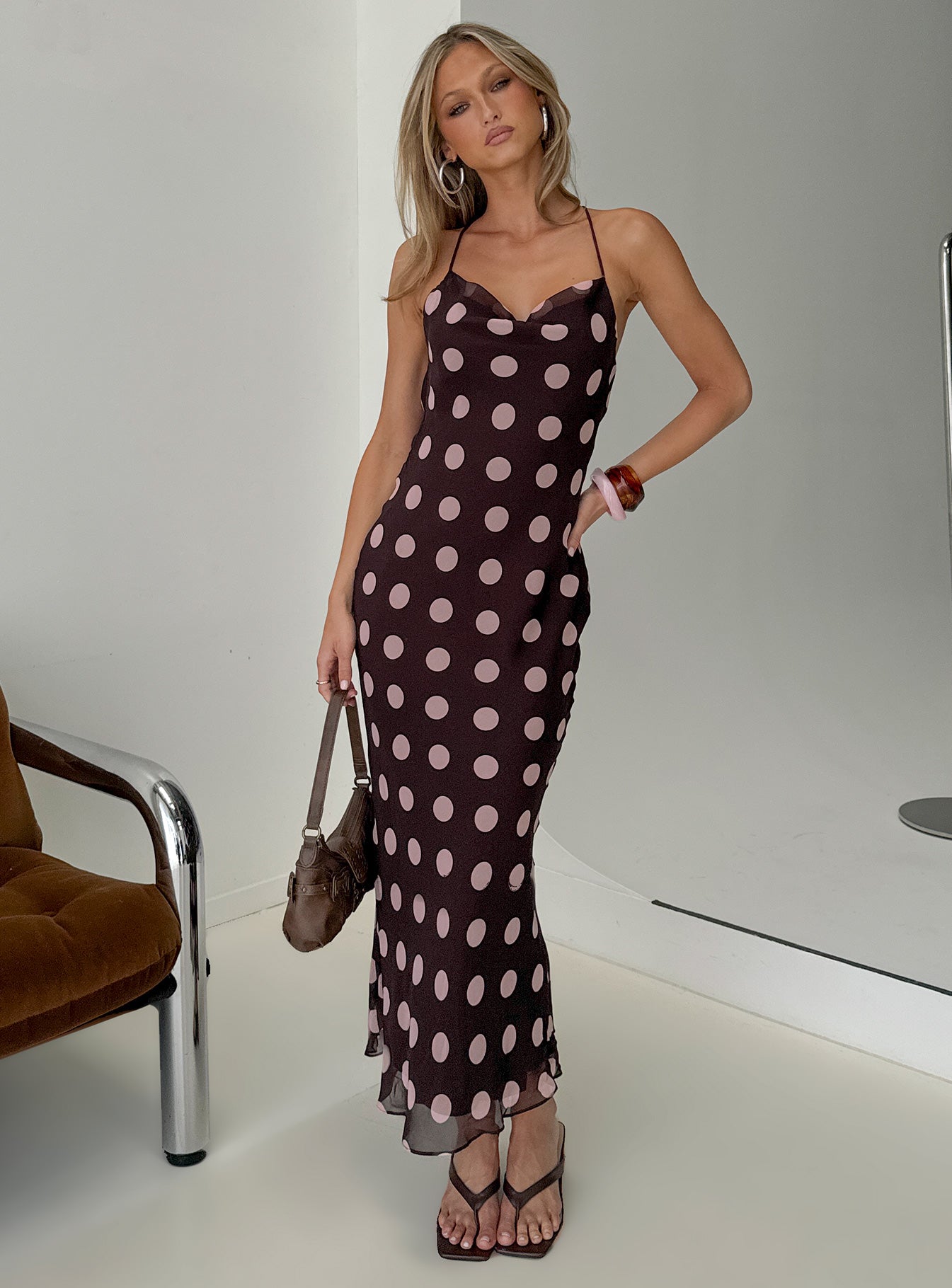 Andreana Low Back Maxi Dress Burgundy Polka Dot
