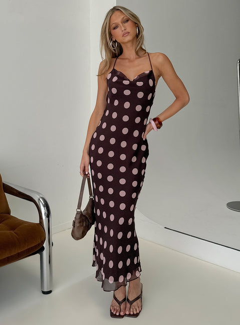 Andreana Low Back Maxi Dress Burgundy Polka Dot