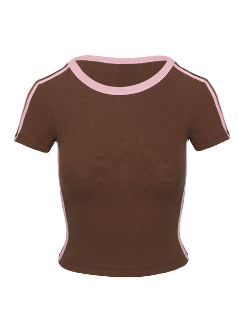 back view of model wearing Princess Polly Baseline Rib Tee Brown / Pink Short Sleeves Crew Neck 