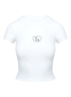 back view of model wearing Princess Polly Baseline Rib Tee Oh Deer White Short Sleeves Crew Neck 