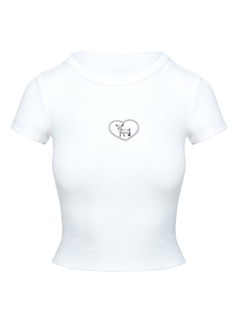 back view of model wearing Princess Polly Baseline Rib Tee Oh Deer White Short Sleeves Crew Neck 