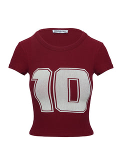 back view of model wearing Princess Polly Baseline Rib Tee One Zero Red Short Sleeves Crew Neck 