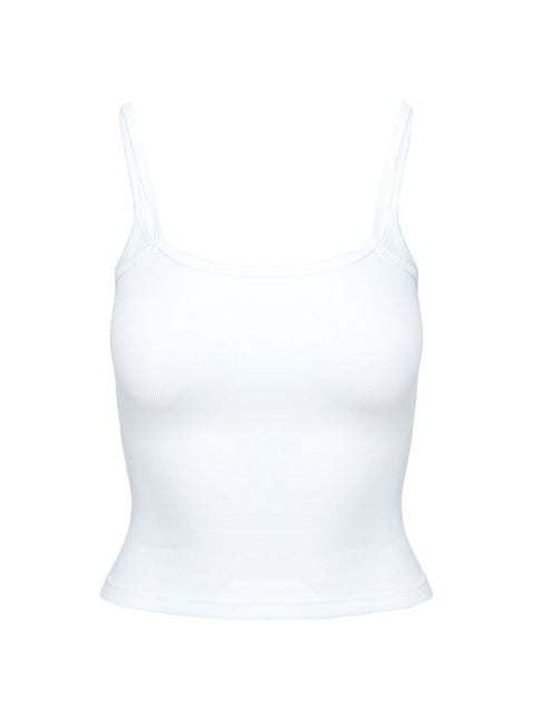 back view of model wearing Princess Polly Baseline Rib Top White Sleeveless Square Neck 