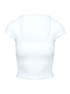 back view of model wearing Princess Polly Baseline Square Neck Rib Top White Short Sleeves Square Neck 