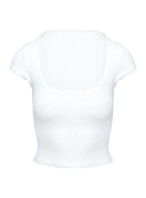 back view of model wearing Princess Polly Baseline Square Neck Rib Top White Short Sleeves Square Neck 