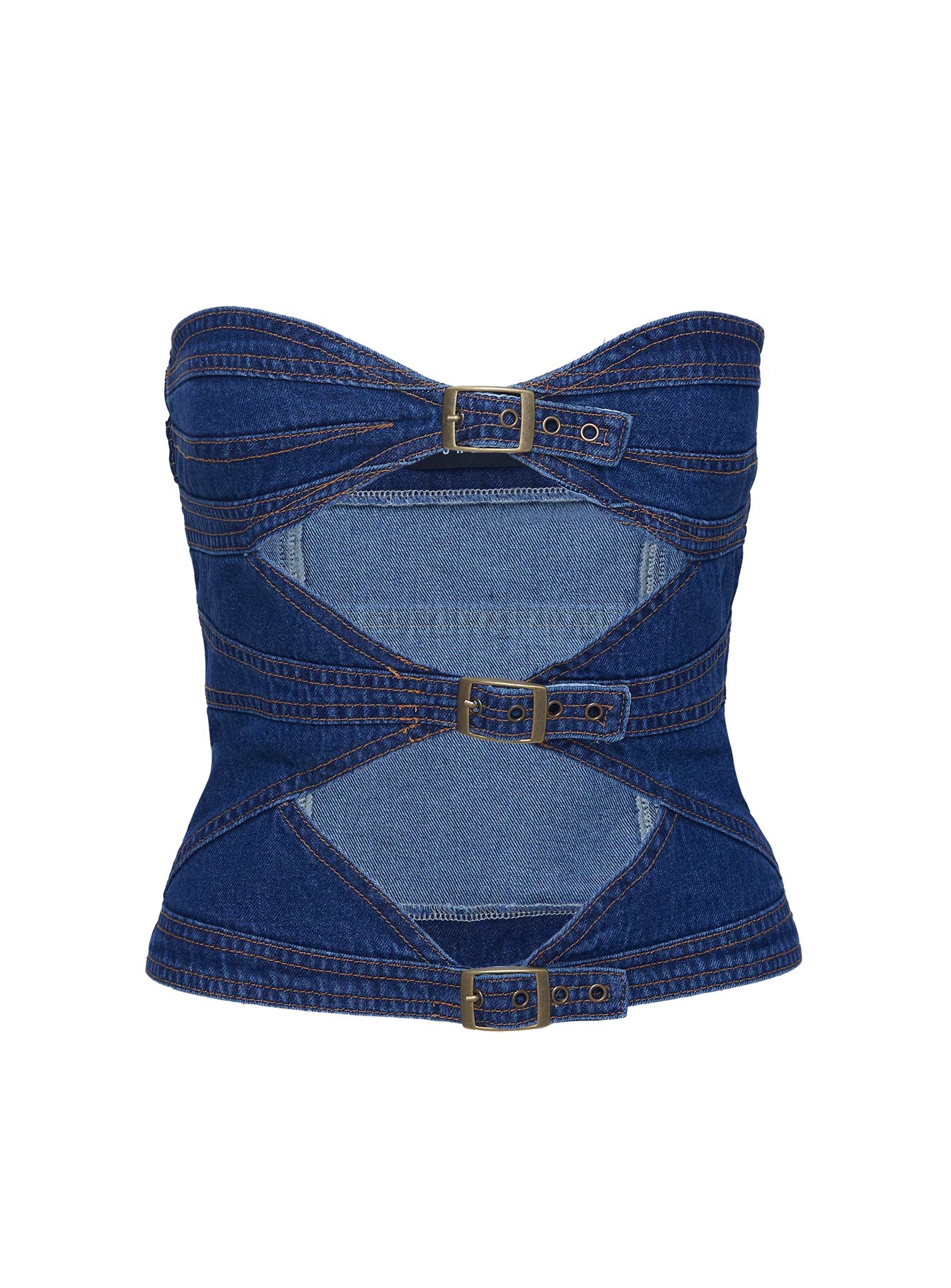 back view of model wearing Princess Polly Buckle Corset Top Dark Denim Sleeveless straight 