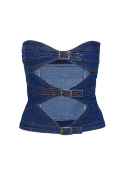 back view of model wearing Princess Polly Buckle Corset Top Dark Denim Sleeveless straight 