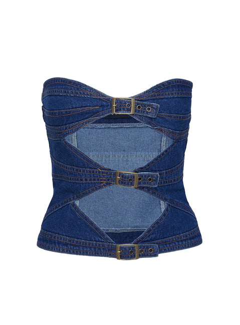 back view of model wearing Princess Polly Buckle Corset Top Dark Denim Sleeveless straight 