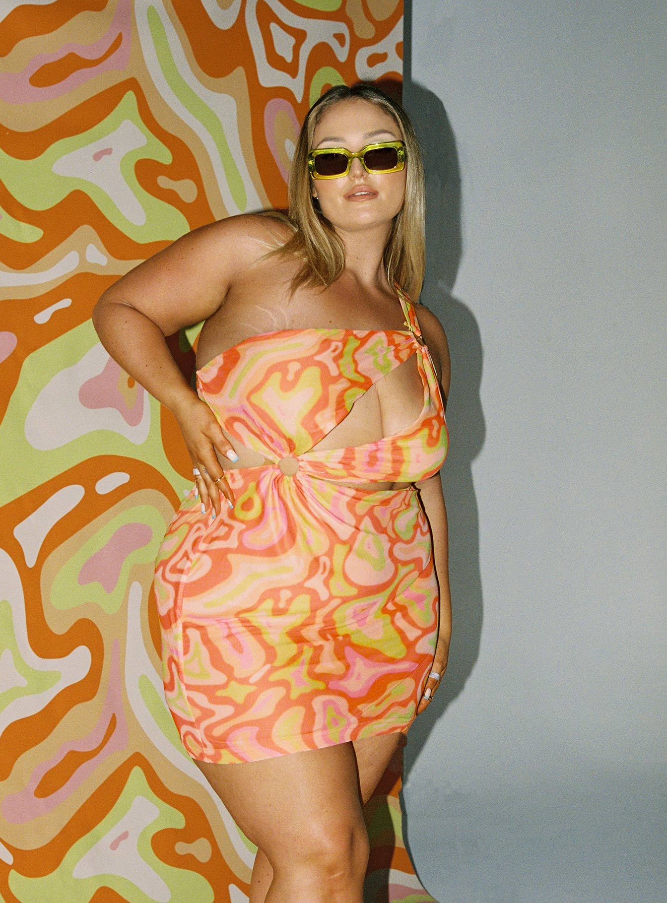 side view of model wearing Princess Polly Greater Power Mini Dress Multi Curve 