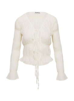 back view of model wearing Princess Polly Carnelian Frill Long Sleeve Top Cream Full Sleeves V-Neck 