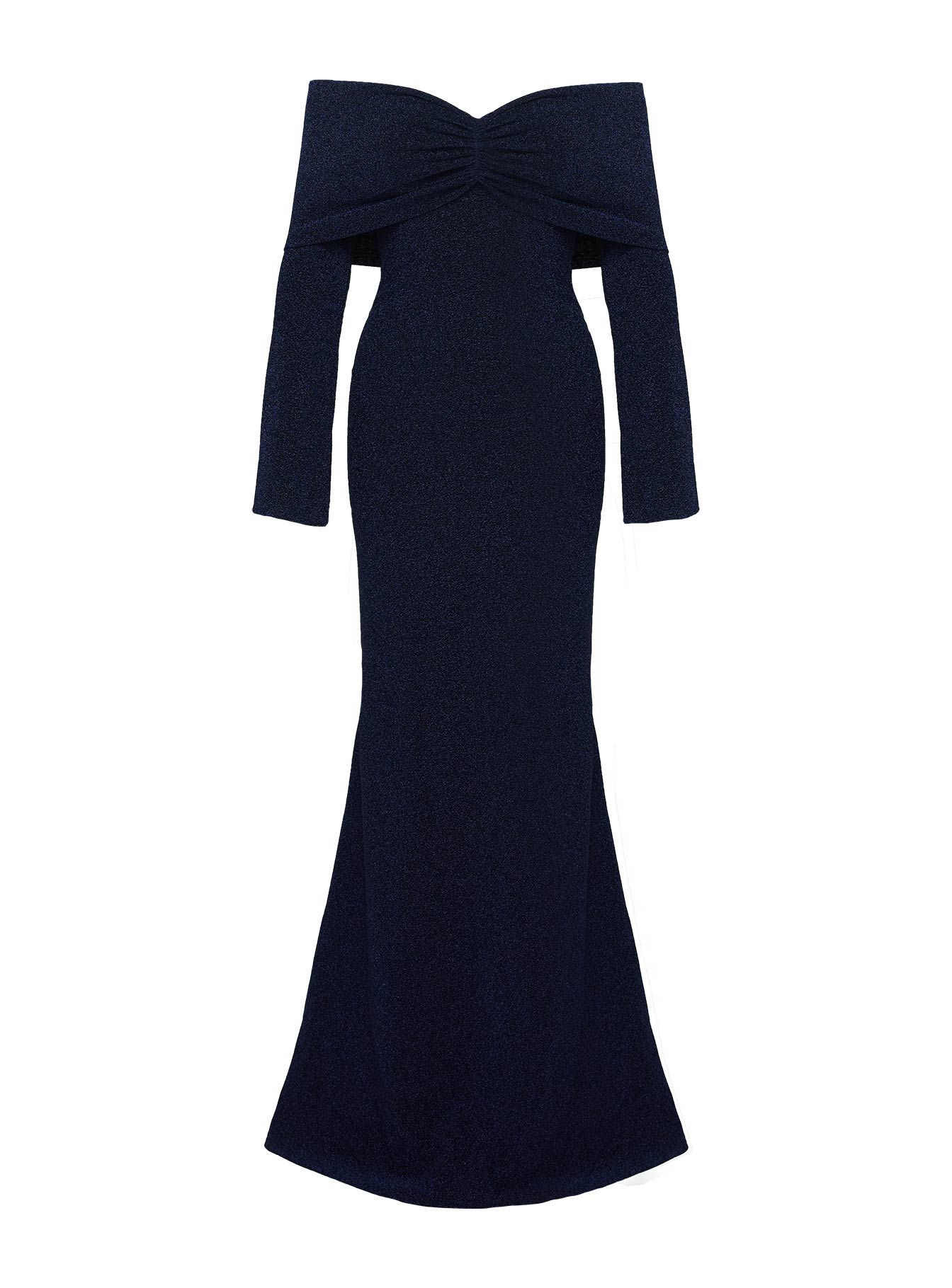 back view of model wearing Princess Polly Cecilia Off The Shoulder Maxi Dress Navy V-Neck 