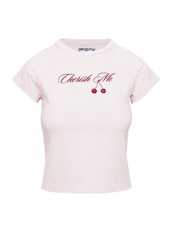 side view of model wearing Princess Polly Cherish Me Graphic Top Pink Short Sleeves Crew Neck 