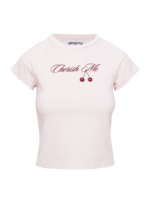 side view of model wearing Princess Polly Cherish Me Graphic Top Pink Short Sleeves Crew Neck 