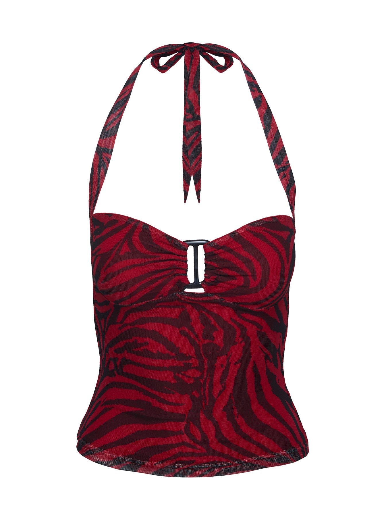 side view of model wearing Princess Polly Cielo Mesh Halter Top Red Zebra Sleeveless Sweetheart 