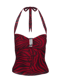 side view of model wearing Princess Polly Cielo Mesh Halter Top Red Zebra Sleeveless Sweetheart 