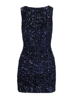 back view of model wearing Princess Polly Cinematic Sequin Mini Dress Navy Crew Neck 
