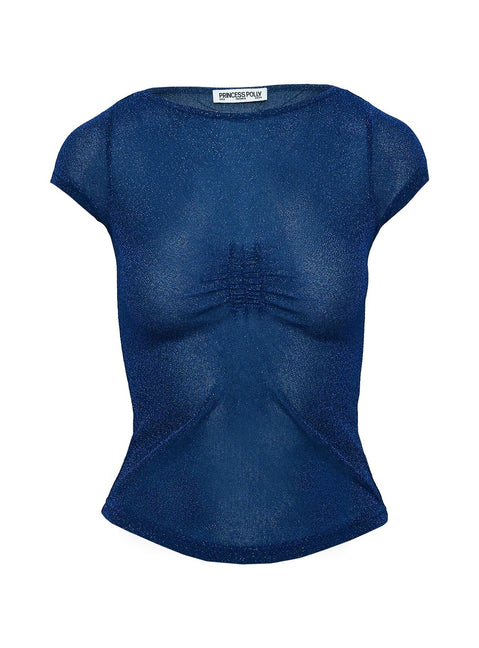 back view of model wearing Princess Polly Crystal Clear Mesh Top Navy Short Sleeves High Neck 