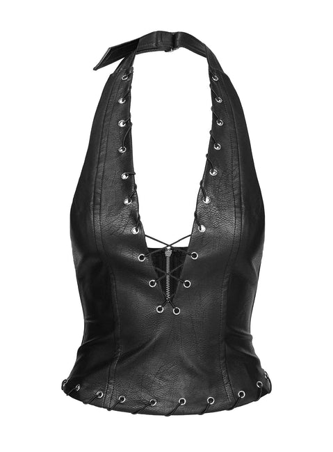 side view of model wearing Princess Polly Captivated Faux Leather Halter Top Black Sleeveless Plunger 