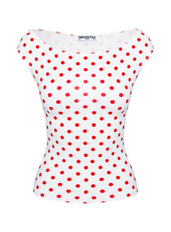 side view of model wearing Princess Polly Cheirosa Off Shoulder Top White / Red Short Sleeves straight 