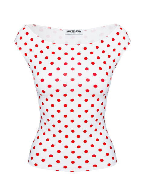 side view of model wearing Princess Polly Cheirosa Off Shoulder Top White / Red Short Sleeves straight 