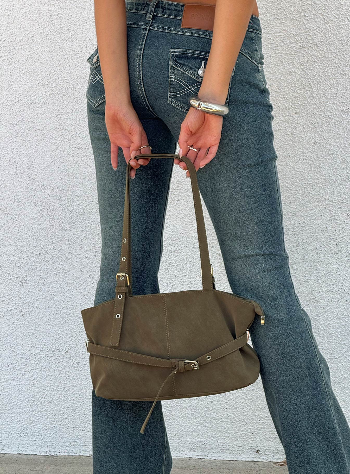 Cosimma Buckle Detail Faux Suede Shoulder Bag Khaki