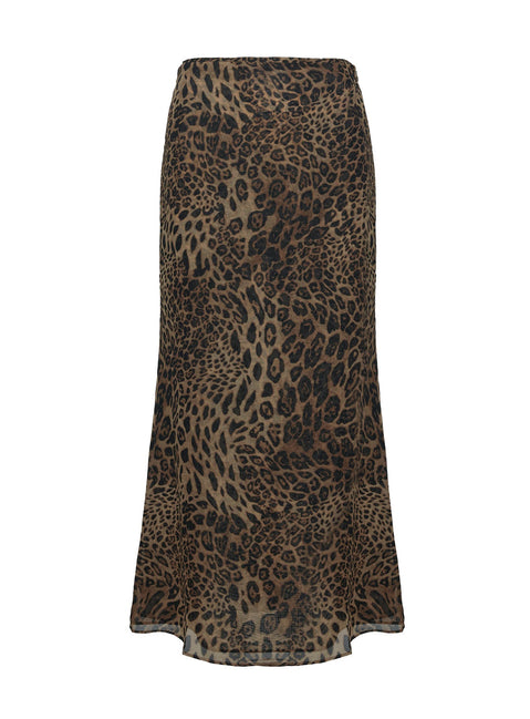 back view of model wearing Princess Polly Eleganza Maxi Skirt Leopard Maxi 