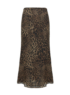 back view of model wearing Princess Polly Eleganza Maxi Skirt Leopard Petite Maxi 